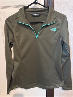 The North Face Olive Green Quarter-Zip Pullover with Teal Trim